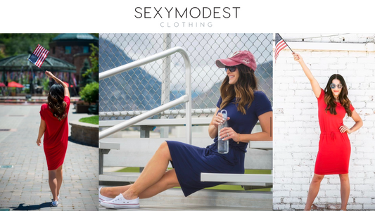 Three different images of Brigitte Shamy wearing red and blue dresses outside. In two she's holding an American Flag.