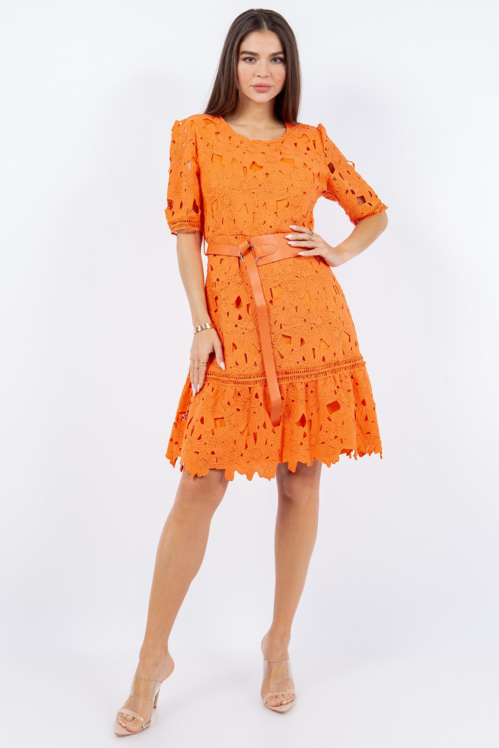 Eleanor Belted Lace Dress Orange / Small at SexyModest Eleanor Belted Lace Dress Orange / Small at SexyModest