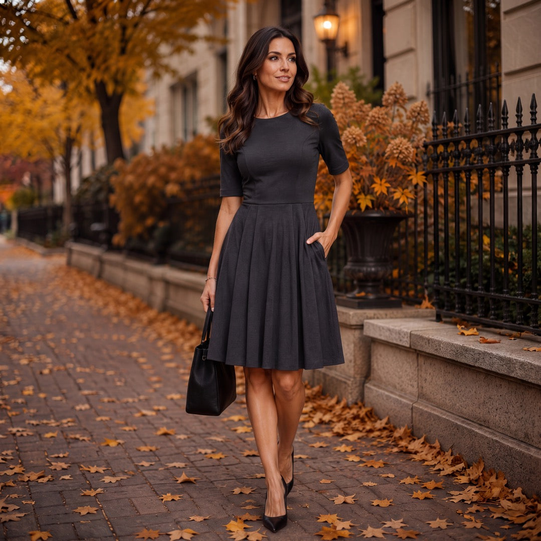 Women's Swing Dress with Pockets – Flared Hem, Elbow Sleeve, Double Knit Fabric – SexyModest Boutique
