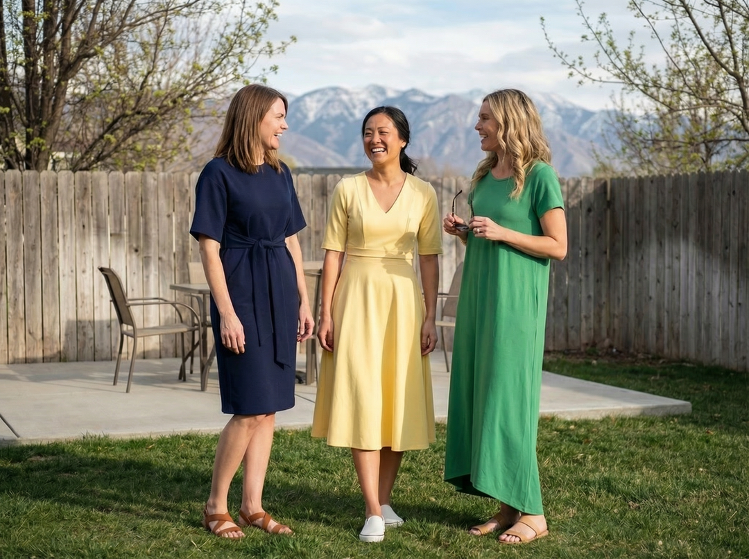 3 woman standing in the a utah backyard wearing sexymodest boutique dresses
