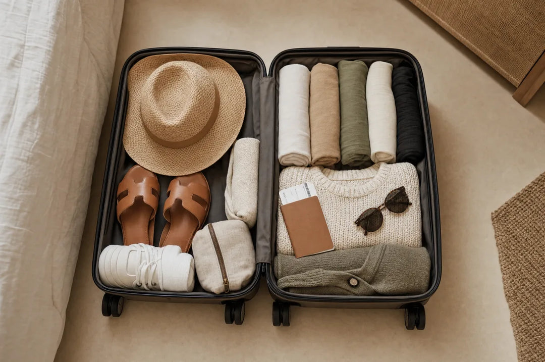 Open carry-on neatly packed with a neutral wrinkle-free travel capsule.