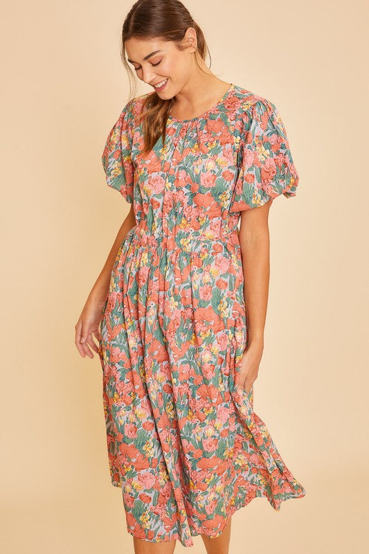 boutique midi dresses Botanic Midi Dress Coral Floral / Large at SexyModest