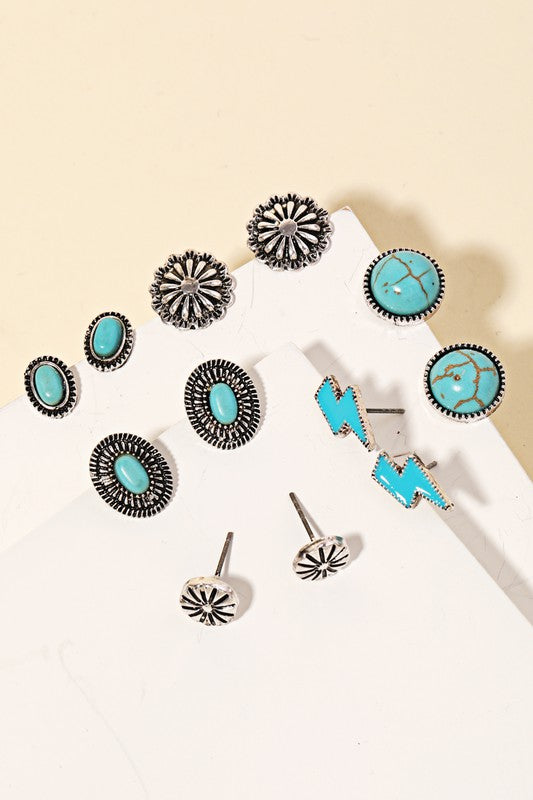 Antiqued Silver & Turquoise Stone Stud Earrings