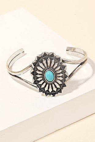 Antiqued Silver & Round Turquoise Stone Cuff Bracelet