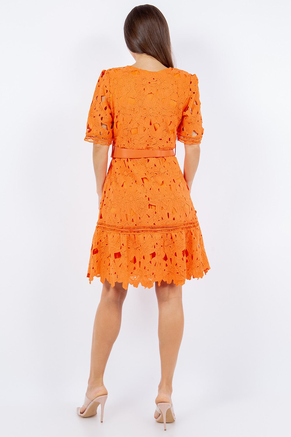 Eleanor Belted Lace Dress Orange / Small at SexyModest Eleanor Belted Lace Dress Orange / Small at SexyModest