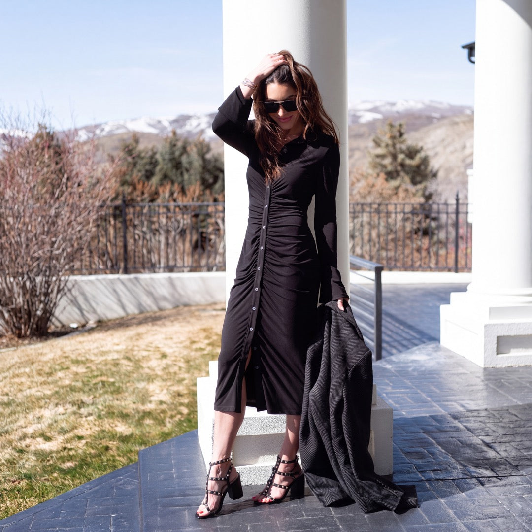 Bardot Bell Sleeve Dress – Long Sleeve Ruched Knee Length Collared V Neck Dress Black / L