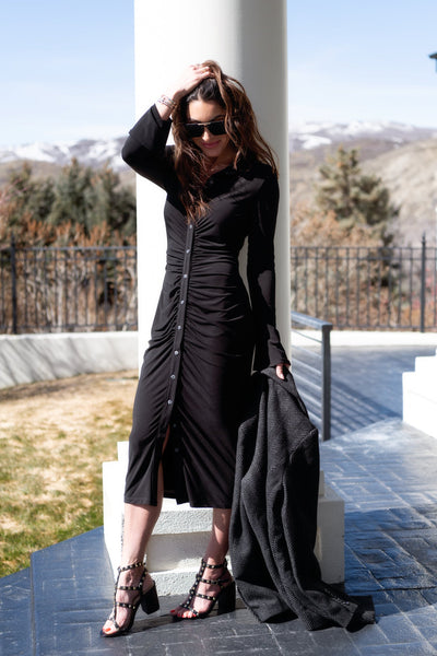 long sleeve dress with heels Bardot Bell Sleeve Dress – Long Sleeve Ruched Knee Length Collared V Neck Dress Tangerine / M at SexyModest
