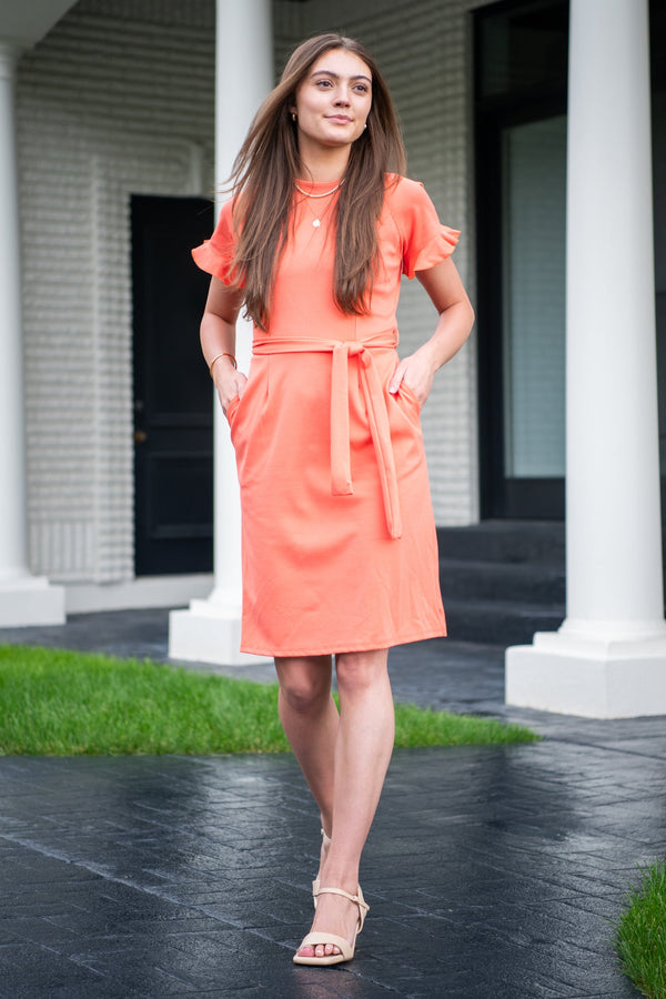 Womens Ruffle Sleeve Knee Length Dress Modest Belted Dress with Pockets Coral / M at SexyModest Womens Ruffle Sleeve Knee Length Dress Modest Belted Dress with Pockets Coral / M at SexyModest