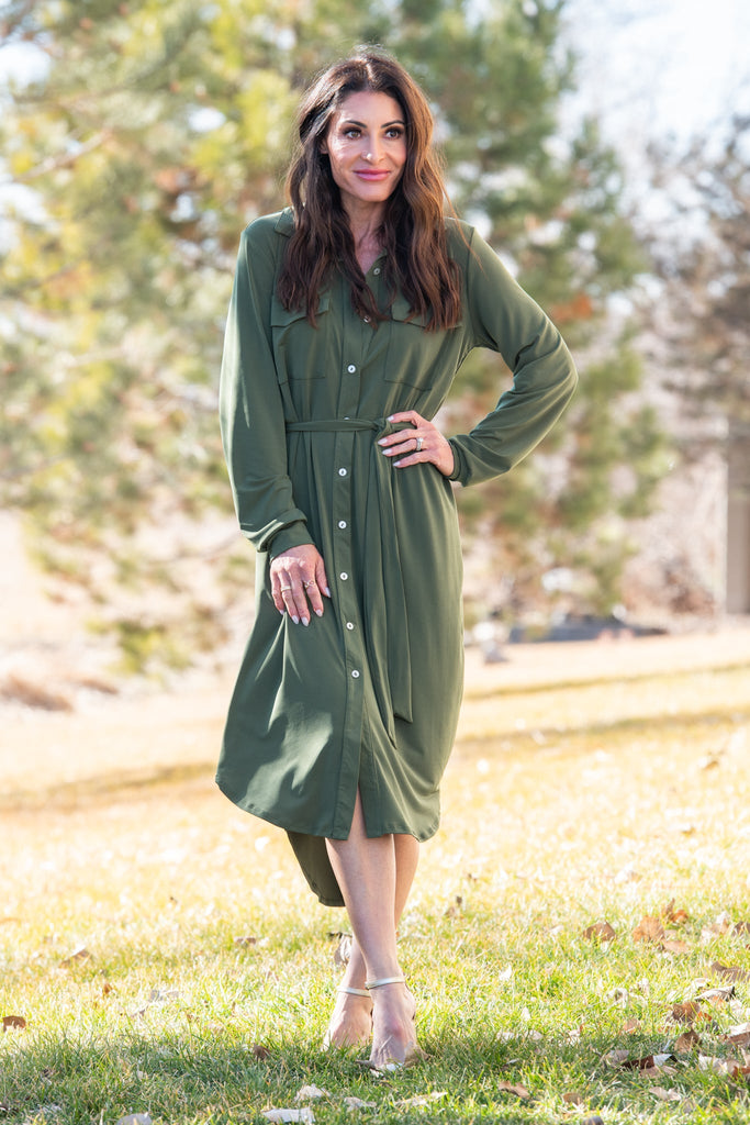 Womens Midi Shirt City Dress Button Front Tie Waist Modest V-Neck Dress (Wrinkle-Resistant) Brick-Dark / S at SexyModest Womens Midi Shirt City Dress Button Front Tie Waist Modest V-Neck Dress (Wrinkle-Resistant) Brick-Dark / S at SexyModest