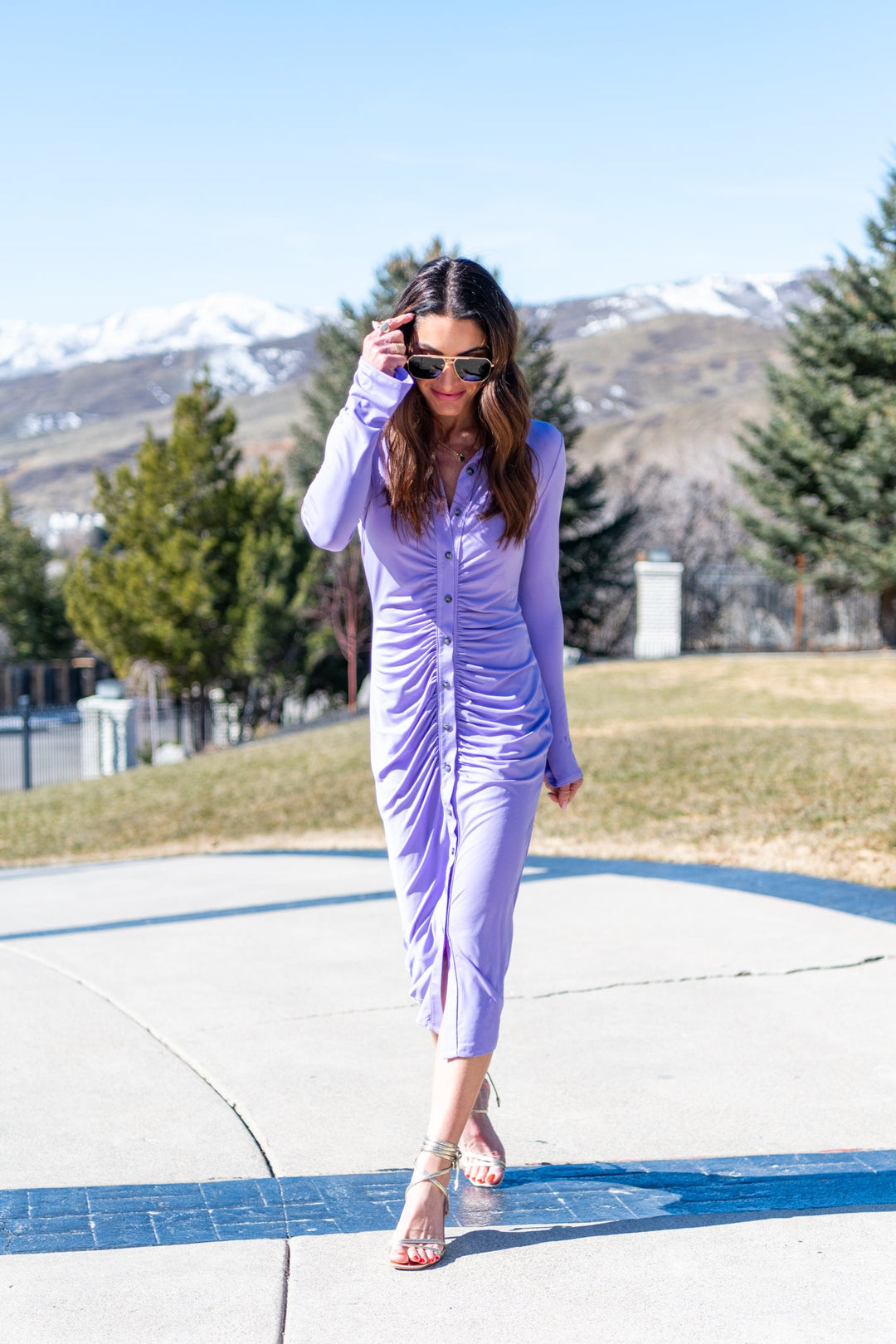 Bardot Bell Sleeve Dress Long Sleeve Ruched Knee Length Collared V Neck Dress Lilac / S at SexyModest Bardot Bell Sleeve Dress Long Sleeve Ruched Knee Length Collared V Neck Dress Lilac / S at SexyModest