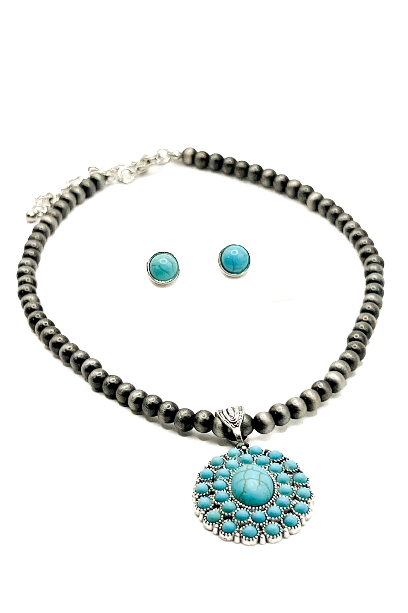 Antiqued Silver & Turquoise Stone Necklace Set