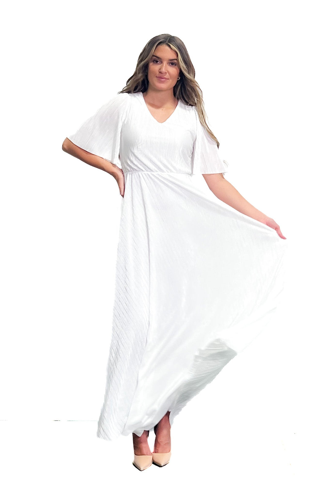 white maxi dress women Women's Splendor Formal Maxi Dress – Elegant Modest V-Neck Pleated Evening Dress – SexyModest Boutique