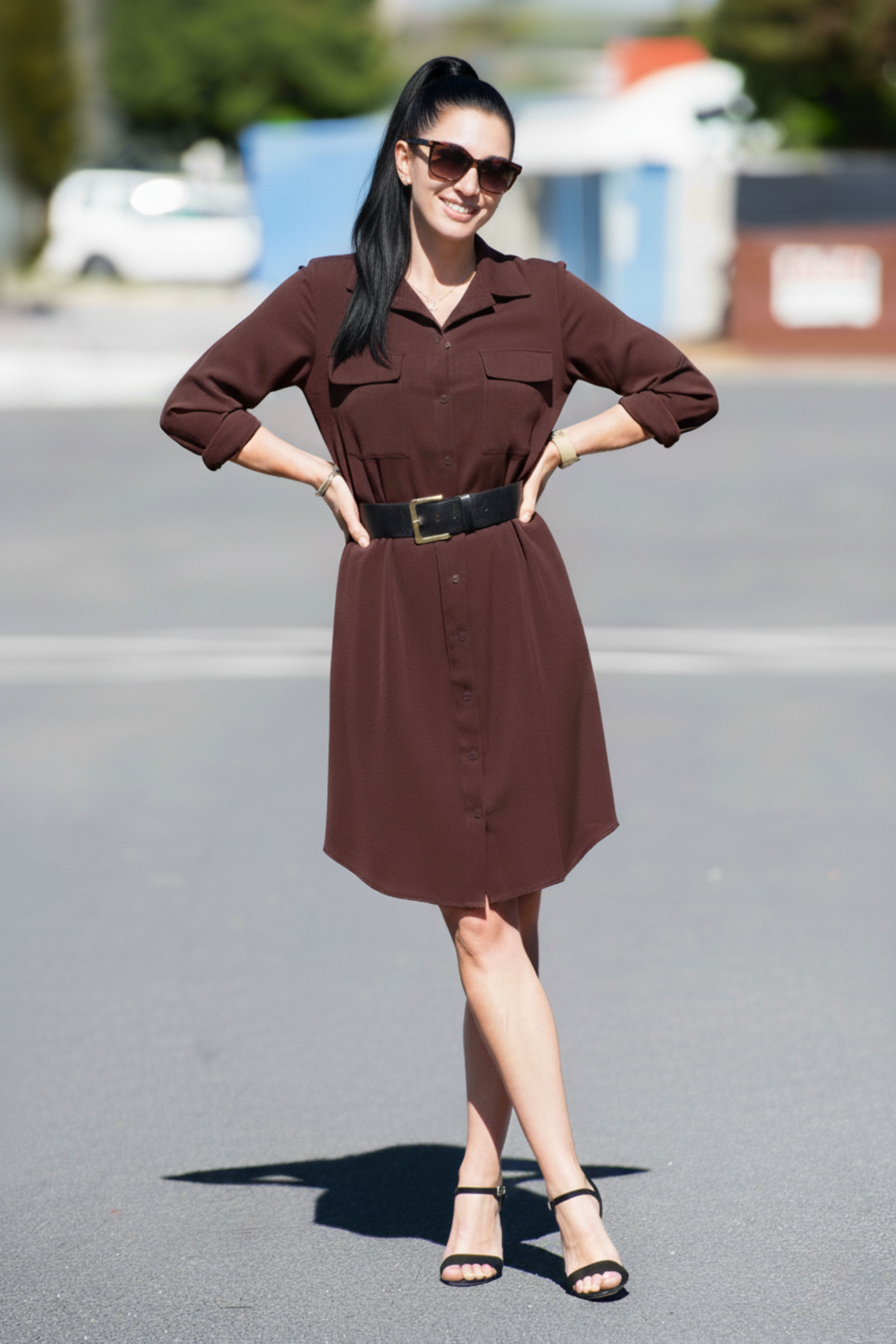 Long Sleeve Shirt Dress for Women – Wrinkle-Free Knee Length Button
