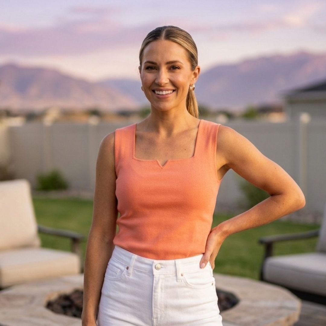 Woman in an orange top and white pants standing outdoors with mountains in the background