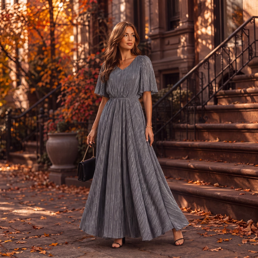 Women’s Splendor Formal Maxi Dress – Elegant Modest V-Neck Pleated Evening Dress Silver / S