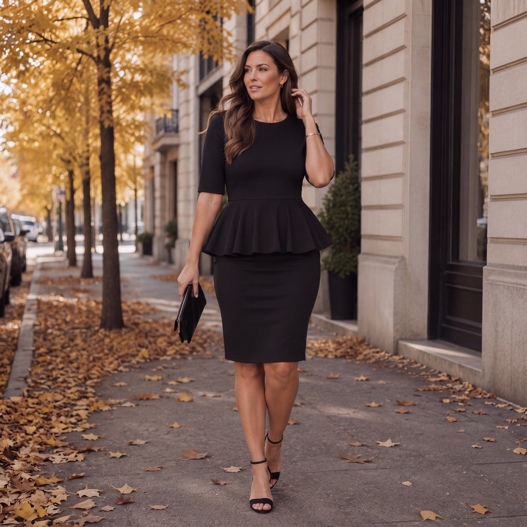 Women’s Peplum Pencil Dress – Modest Structured Work Dress with Elbow Sleeves Black / S