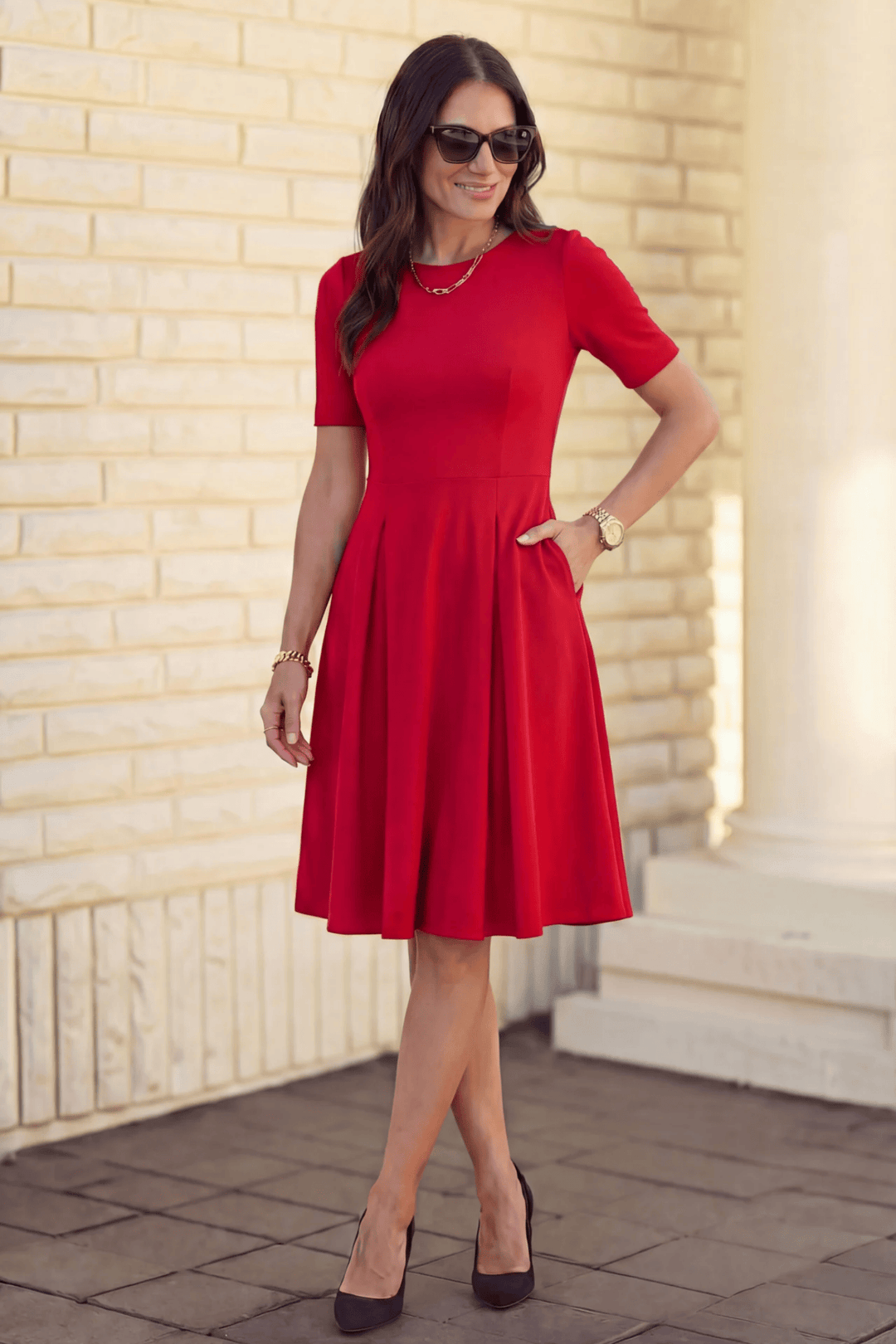 Women's Swing Dress with Pockets Flared Hem, Elbow Sleeve, Double Knit Fabric SexyModest Boutique Women's Swing Dress with Pockets Flared Hem, Elbow Sleeve, Double Knit Fabric SexyModest Boutique