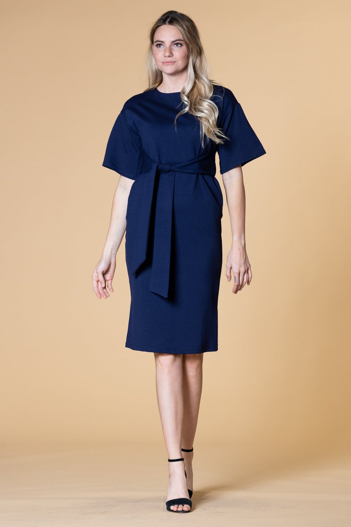 Women’s Monaco Tie Waist Dress – Modest Knee Length Work Dress with Pockets Black / L