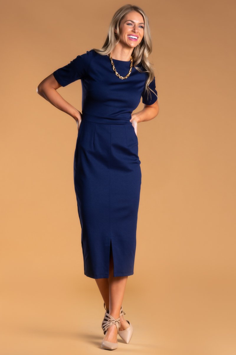 brigitte brianna peplum dress Womens Peplum Pencil Dress Modest Structured Work Dress with Elbow Sleeves Navy / M