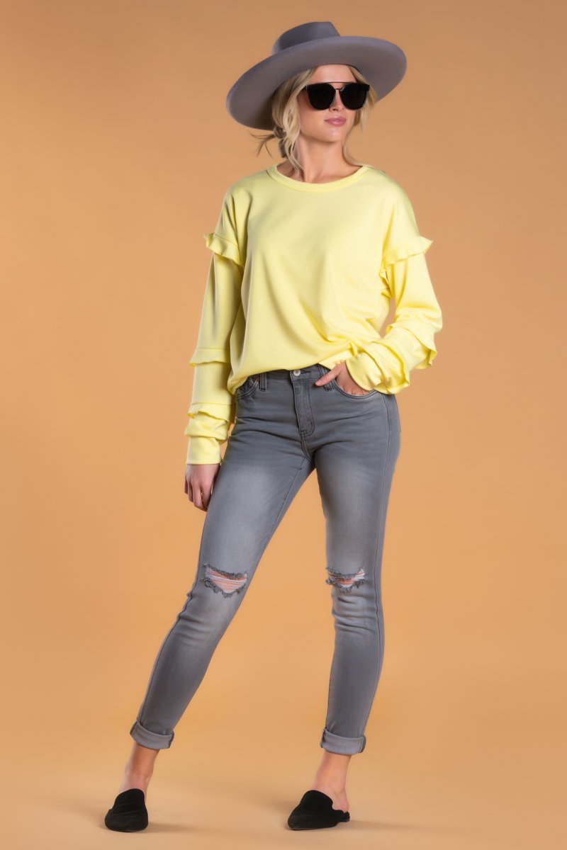 Modest Tops: Brigitte Brianna Striped Ruffle Sleeve Sweatshirt - SexyModest Boutique