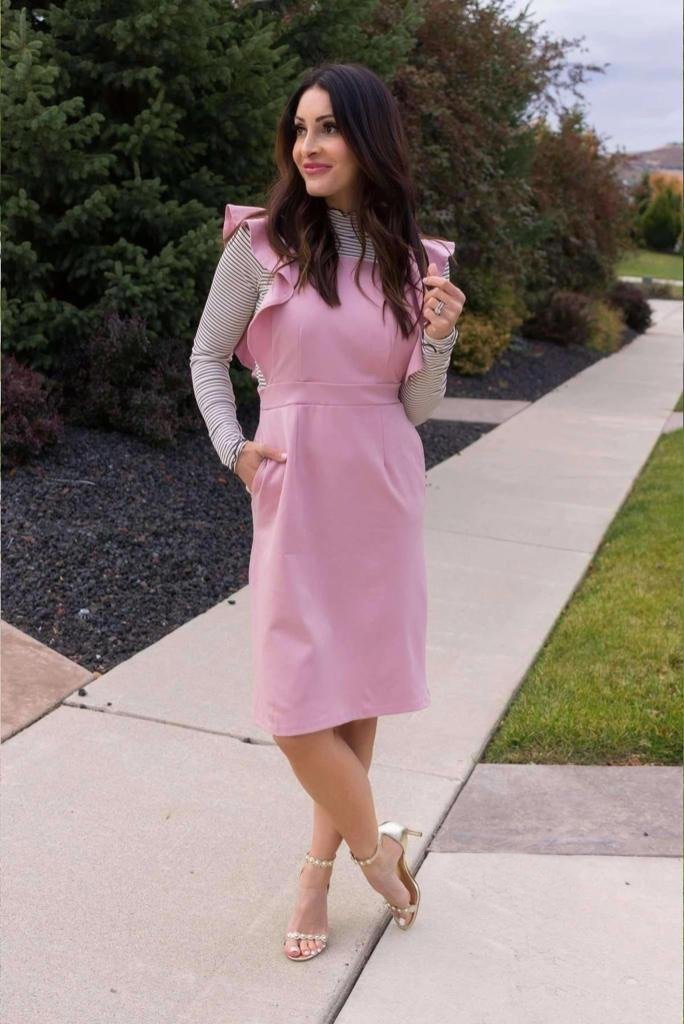 Ruffle Overall Modest Dress By Brigitte Brianna - SexyModest Boutique Blush / L at SexyModest Ruffle Overall Modest Dress By Brigitte Brianna - SexyModest Boutique Blush / L at SexyModest