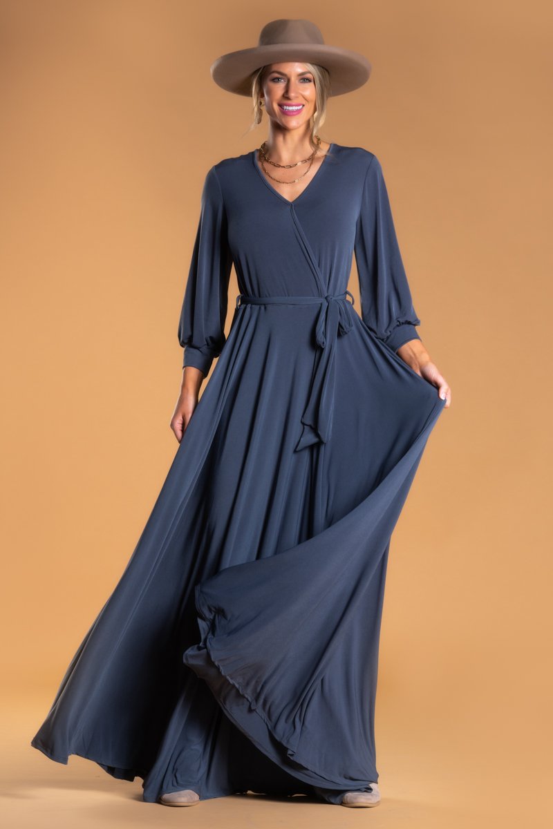 wrap maxi dresses for women Brigitte Brianna Wrap Maxi Dress Slate / S at SexyModest
